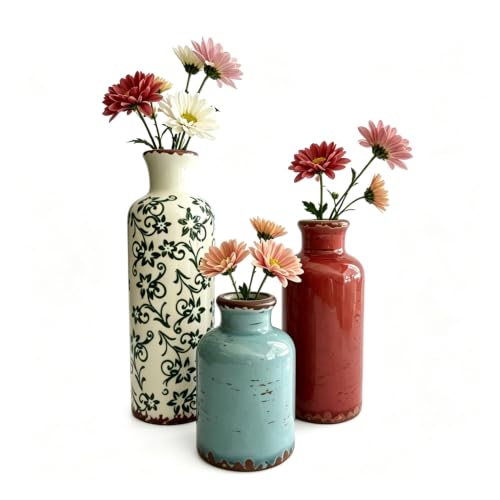 3 Pack Ceramic Flower Vase for Home Decor, Large Rustic Table Vases Farmhouse Heavy Duty Ceramic Vases for Home Living Room Bedroom Office Table Kitchen Shelf Decor (I-Multicolor-03A)
