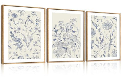 KAIRNE Blue White Chinoiserie Floral Framed Canvas Wall Art Set-24"x36"x3 - color: Classic Chinoiserie Wall Art, size: 12"L x 16"W