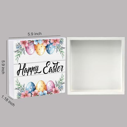 YUNKKIN Easter Table Decorations Easter Decorations Indoor Eggs Flowers Grass Home Room Office Bathroom Wood Box Sign Rustic Wooden Shelf Desk Decor Season Sign House Warming Gifts 5.9 x 5.9 Inch