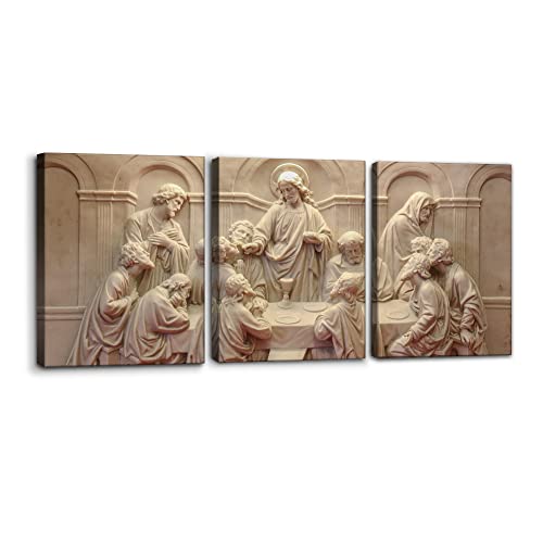 3 Pieces Canvas Wall Art Picture The Last Supper Sculpture Style Paintings on Canvas 12 Apostles Modern Artwork for Home Decor Framed Gallery-wrapped Stretched Ready to Hang - 12" x 16" x 3 - color: Wallart-09, size: 12" x 16" x 3 Panels