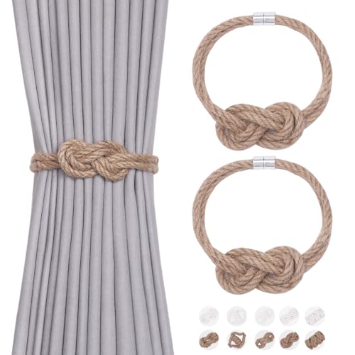 NICEEC 2 Pack Natural Jute Rope Curtain Tiebacks Elegant Boho Style Magnetic Drape Tie Backs Soft Hand-Woven Rope Curtain Holdbacks for Home & Office Drapery (Jute knot-01) - color: Jute Knot-01, size: 2 Pack