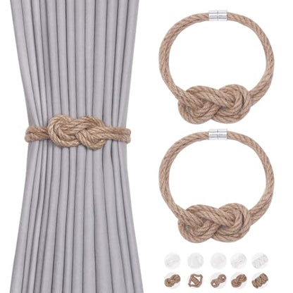 NICEEC 2 Pack Natural Jute Rope Curtain Tiebacks Elegant Boho Style Magnetic Drape Tie Backs Soft Hand-Woven Rope Curtain Holdbacks for Home & Office Drapery (Jute knot-01) - color: Jute Knot-01, size: 2 Pack