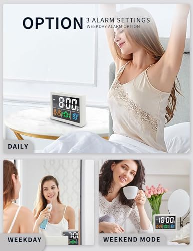 JALL Digital Clock with Date Day for Seniors, Electric Alarm Clocks for Bedrooms with Temperature, 2 Alarms, Dimmer, Dual USB Charger, Battery Backup, Volume Control, Snooze, Bedside Desk Clock, White - color: White