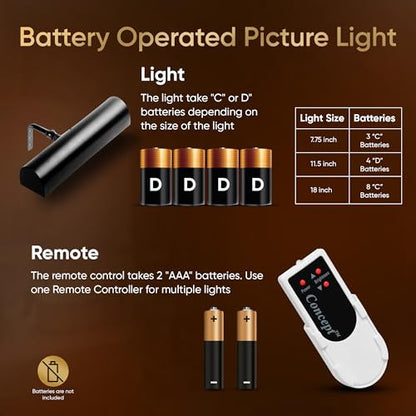 Concepdesigns Picture Light, Battery Operated Picture Light, Dimmable Wireless Picture Lights for wall, Art Light, Library Light Battery Operated with Remote Control - 7.75 inches, Black - color: Matte Black, size: 7.75 inch