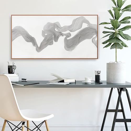 Framed White Modern Abstract Wall Art For Living Room Prints 20" X 40" - color: White Silver, size: 40"L x 20"W