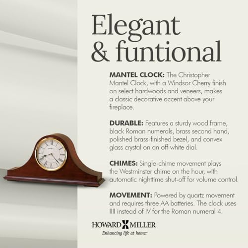 Howard Miller Christopher Mantel Clock – Hardwood Table Clock, Quartz Movement, Westminster Chime, Brass Bezel, Roman Numerals, Battery Powered