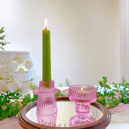 Glass Candlestick Holders, Taper Candle Holders, Set of 3, Pink - color: Pink, size: 3 PCS