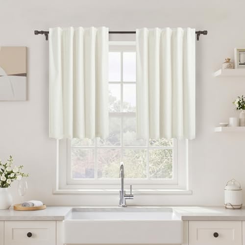 42 Inch Wide Cream Linen Blackout Small Window Curtains 24 Inch Length Half Short Thermal Room Darkening Bathroom Cafe Curtain for Kitchen Over Sink Black Out Drape Rustic Farmhouse Bedroom 2 Panel - color: Natural, size: 42"W x 24"L (Pack of 2)