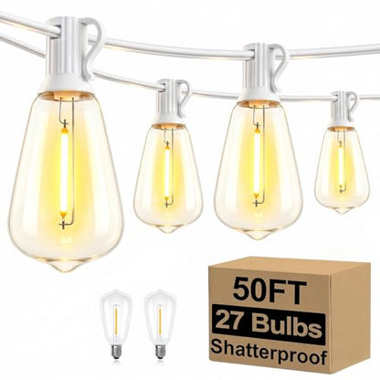 Brightever 50FT LED String Lights 27 Bulbs Outdoor Waterproof Dimmable - color: White Wire Warm White, size: 50FT