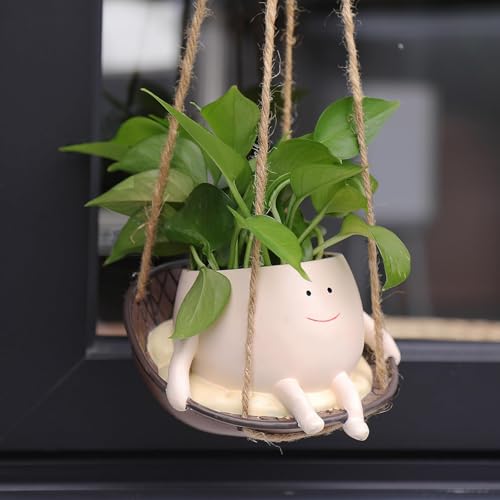 NINIPAPA Hanging Swing Chair Planter Pot Smile Face Plant Pot for Indoor Outdoor Plants Cute Head Flower Pots for Succulent String of Pearls Unique Gift on Mother's Day, Birthday, Christmas - size: Small