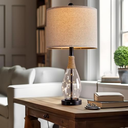 OYEARS Bedside Table Lamp with USB, 23‘’ Black Modern Nightstand Lamps for Bedroom, Retro Rattan Table Lamps for Night Stands, Living Room, Farmhouse Table Lamp with Glass Nightlight Lamps - color: Black