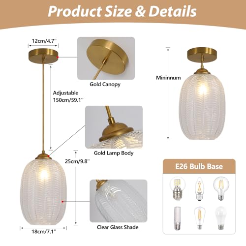 KCO Lighting Clear Glass Globe Pendant Light Ribbed Ceiling Light Brass Pendant Lights Kitchen Island Mid Century Modern Ceiling Hanging Light Gold Single Pendant Light - color: 15cm-Clear