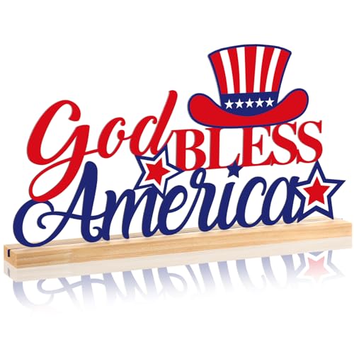 Roowest Metal God Bless America Table Decor Sign with Wood Base - style: Independence Day
