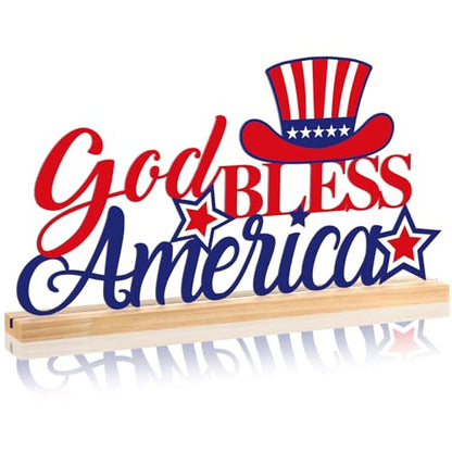 Roowest Metal God Bless America Table Decor Sign with Wood Base - style: Independence Day