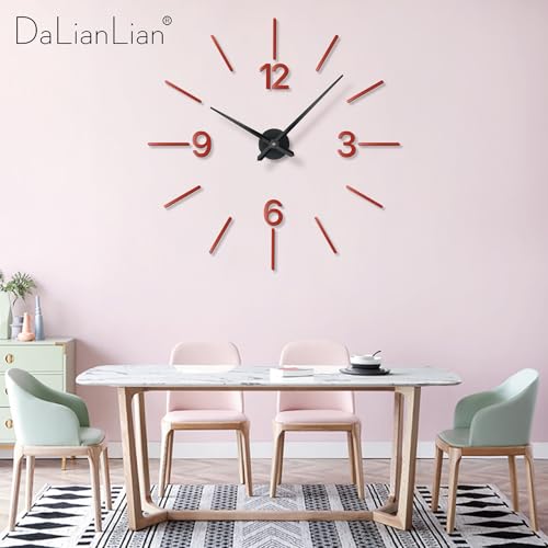DIY Wall Clock, 3D Mirror Effect, Adjustable up to 65 in, Red - color: Red
