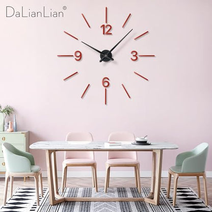 DIY Wall Clock, 3D Mirror Effect, Adjustable up to 65 in, Red - color: Red