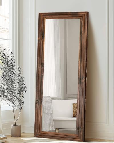65x24in Full Length Mirror, 3-Tier Stepped Solid Wood Frame, Brown - color: Brown, size: 65"L x 24"W
