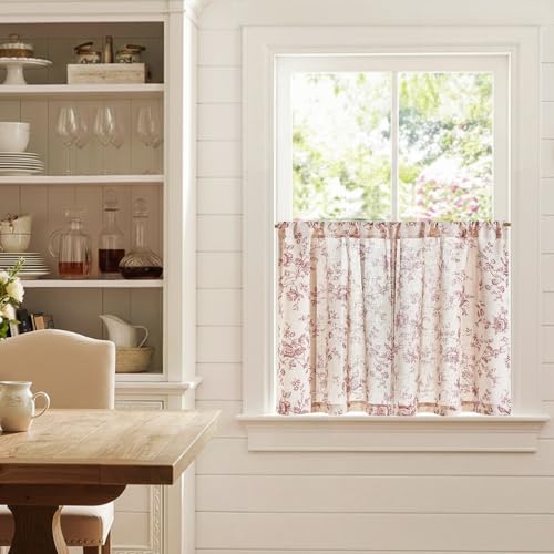jinchan Floral Linen Kitchen Tier Curtains, 24 Inch, 2 Panels, Maroon - color: Amlie Maroon, size: 26"W x 24"L (Pack of 2)