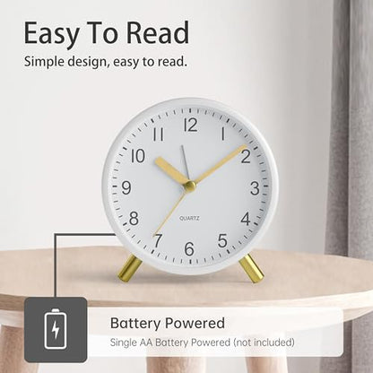 JALL Analog Alarm Clock, 4 inch Super Silent Non Ticking Small Clock with Night Light, Battery Operated, Simple Design, Easy Setting for Office, Bedroom, Bedside, Desk, Teens, Elders, Adult, White - color: White