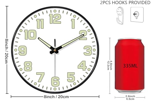 Glow in The Dark Wall Clock, 8" Silent Non-Ticking Wall Clocks Battery Operated, Large Easy Read Numbers Tempered Glass Night Light Analog Clock for Bedroom Living Room Kitchen Office, White - color: White Green, size: 8 Inch