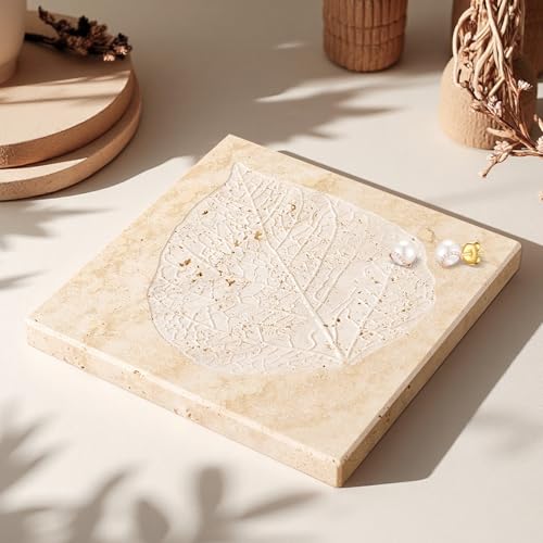 Natural Travertine Leaf Embossed Tray, 7.8inch Square Decorative Trays - color: Beige Travertine
