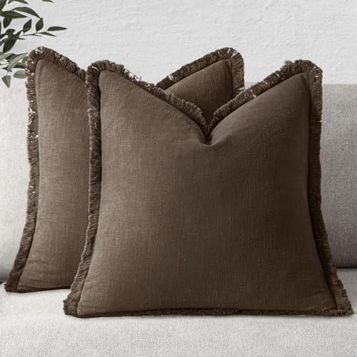 MIULEE Linen Fringe Decorative Fall Pillow Covers Chocolate Brown 18x18 - color: Chocolate Brown, size: 18" x 18" (Pack of 2)