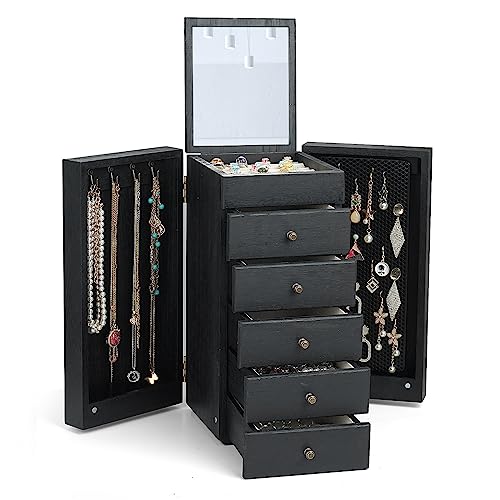 Meangood Jewelry Box Wood for Women, 6-Layer Large Organizer Box with Mirror & 5 Drawers for Rings, Earrings, Necklaces, Vintage Style, Black - color: Black, size: 5-Drawer