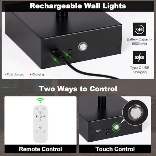 Battery Operated Wall Sconce, 3000K-6000K Dimmable Black Wall Lights with Remote Control, Timable LED Wireless Wall Sconces, 350° Ratate for Bathroom, Living Room, Hallway 29.1 Inch 1 Pack - color: Black, size: 29.1in(1 Pack)