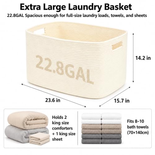 22.8GAL Xl Extra Large Laundry Basket for Bathroom, Dorm Dirty Clothes, Sturdy Portable Aesthetic Boho Cute Woven Storage Shoes Blanket Baskets for Living Room Decor Girls Boys Pets Toys Beige - color: Beige, size: 22.8GAL