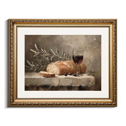 VIYYIEA Gold Framed Christian Olive Branch Canvas Wall Art, 13×16 Inch - color: Bread Wine Still Life, size: 16"L x 13"W