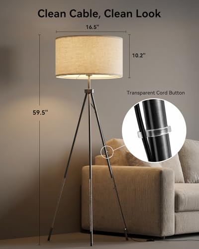 JOOFO Modern Metal Tripod Floor Lamp with Remote, 16.5" Linen Shade - color: Brushed Black