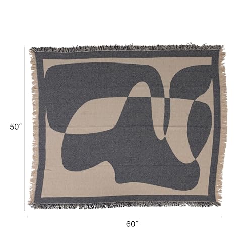 Bloomingville Woven Cotton Blend Jacquard Throw Blanket, Natural and Blue