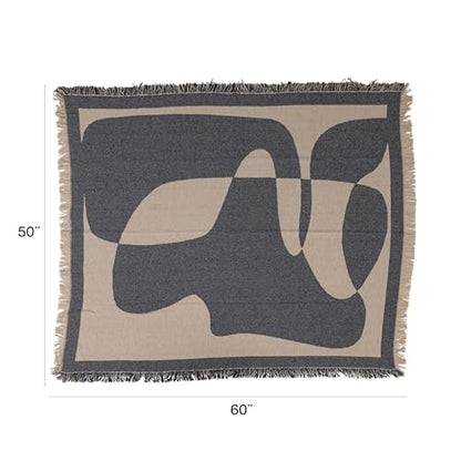 Bloomingville Woven Cotton Blend Jacquard Throw Blanket, Natural and Blue