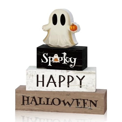 Smile Halloween Wooden Block Decor Set Ghost Pumpkin Spooky Tabletop Signs - style: Halloween Ghost