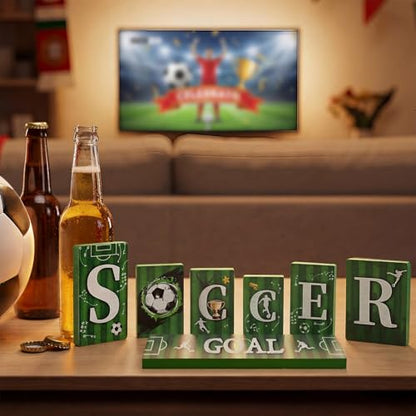 Smile Soccer GOAL Wooden Block Decor Set, 7-Piece Field Vertical Blocks Tiered Tray Tabletop Signs for Game Day & Sports Party Decorations - style: Soccer