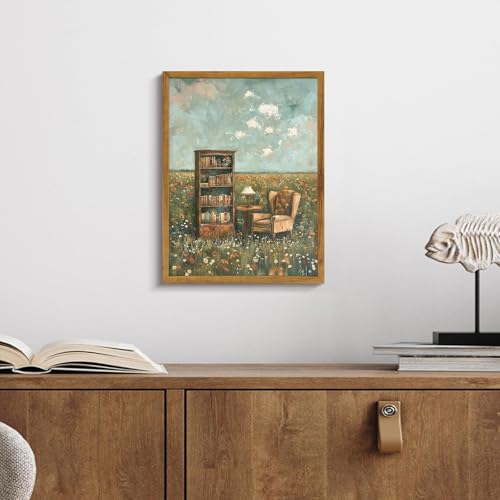 KBKBART Framed Reading Wall Art Whimsical Book Lover Canvas Painting 8x10in - color: Bookshelf, size: 10"L x 8"W