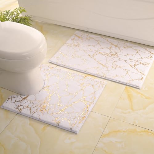 QJHOMO White and Gold U Shaped Toilet Rug Marble Contour Bath Mat 20x24 in - color: White and Gold, size: 1'8" x 2' (U-Shape)
