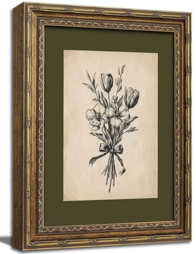 Gold Framed Wall Art Vintage Flower Sketch Wall Art Antique Sage Green Botanical Wall Decor Picture Dark Green Floral Drawing Poster Print for Bedroom Living Room 16x24in - color: Floral, size: 24"L x 16"W