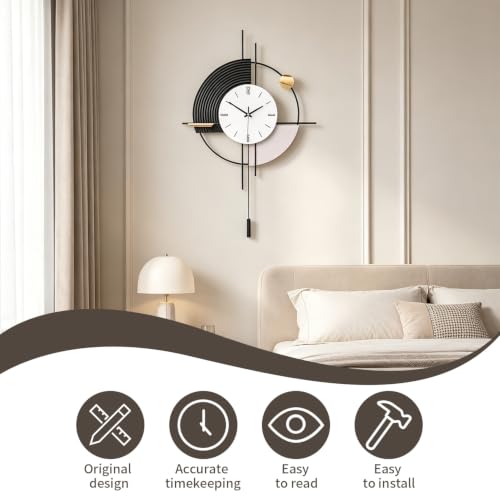 Large Black Modern Wall Clock with Pendulum Silent Battery Operated | MDF&metal material, quartz movement (<20dB), large black Arabic numerals, easy mount. Ideal for living room kitchen bedroom - size: 17.7x31in