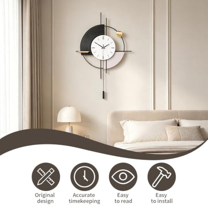 Large Black Modern Wall Clock with Pendulum Silent Battery Operated | MDF&metal material, quartz movement (<20dB), large black Arabic numerals, easy mount. Ideal for living room kitchen bedroom - size: 17.7x31in