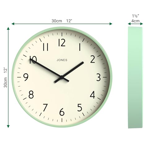JONES CLOCKS® Studio Clock | Modern Round wall Clock | 12" | Neo Mint - color: Neo Mint