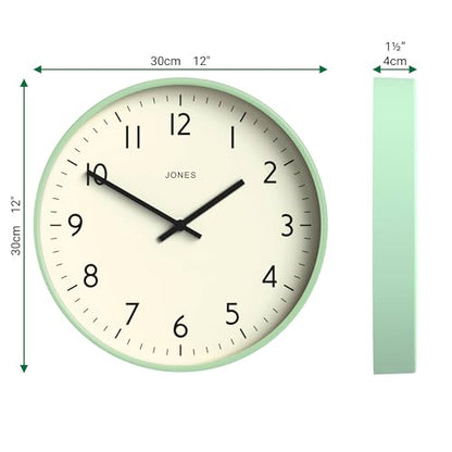 JONES CLOCKS® Studio Clock | Modern Round wall Clock | 12" | Neo Mint - color: Neo Mint
