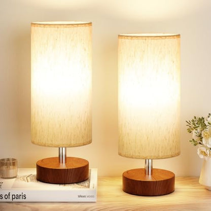 Table Lamps Set of 2 （Cream Shade - Walnut Base, 11.6" Inline Control） - color: Cream Shade-Walnut Base 2pcs, size: 11.6" Inline Control