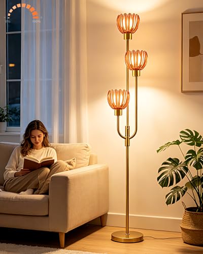 Modern Glass Floor Lamp 66IN 3-Light Red Glass Gold Dimmable Floor Lamps - color: Deep Red Lotus-Gold
