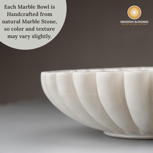 SWADESHI BLESSINGS Handcrafted Marble Ruffle Bowl for Home Decor, 7" - size: 7 Inches