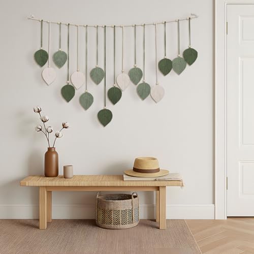 Boho Macrame Leaf Wall Hanging Green Tassel Wall Decor with Wood Beads for Bedroom Living Room Bohemian Home Decor