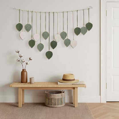 Boho Macrame Leaf Wall Hanging Green Tassel Wall Decor with Wood Beads for Bedroom Living Room Bohemian Home Decor