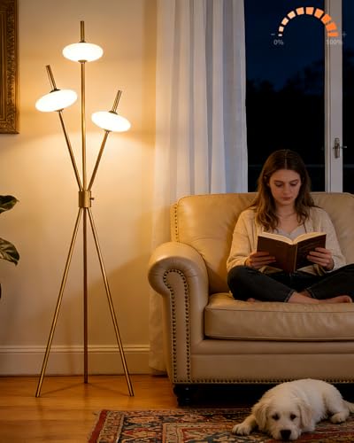 Lightdot Tripod Floor Lamp Stepless Dimmable Gold Standing Tall Lamps with 3PCS Elliptical Lampshades Mid Century Modern Floor Lamps for Living Room/Bedroom/Sofa Beside/Corner Decor - color: Gold-79E