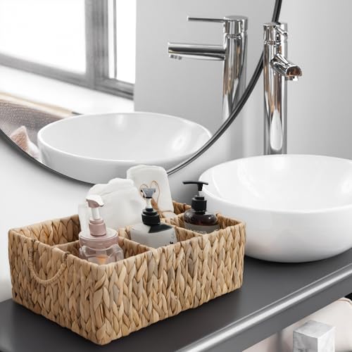 KOKODO Divided Storage Basket Woven Natural Basket Hyacinth for Organizing Bathroom Pantry Shelves Office Supplies Organization Everyday Wicker Storage Baskets 4 Section Rectangular Tray - size: 15.5x10.5x5.5