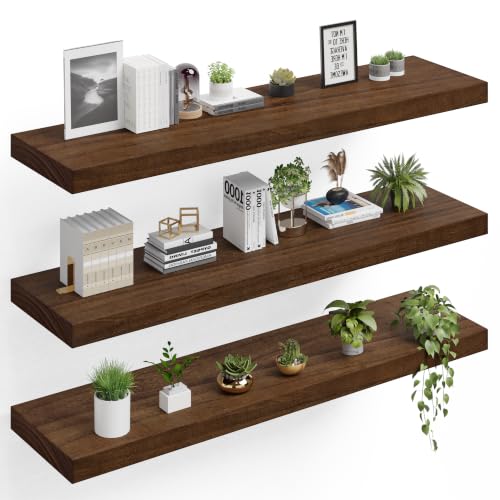 60" Extra Deep Floating Shelves, Set of 3, Walnut Wood - color: Walnut, size: 3T60IN